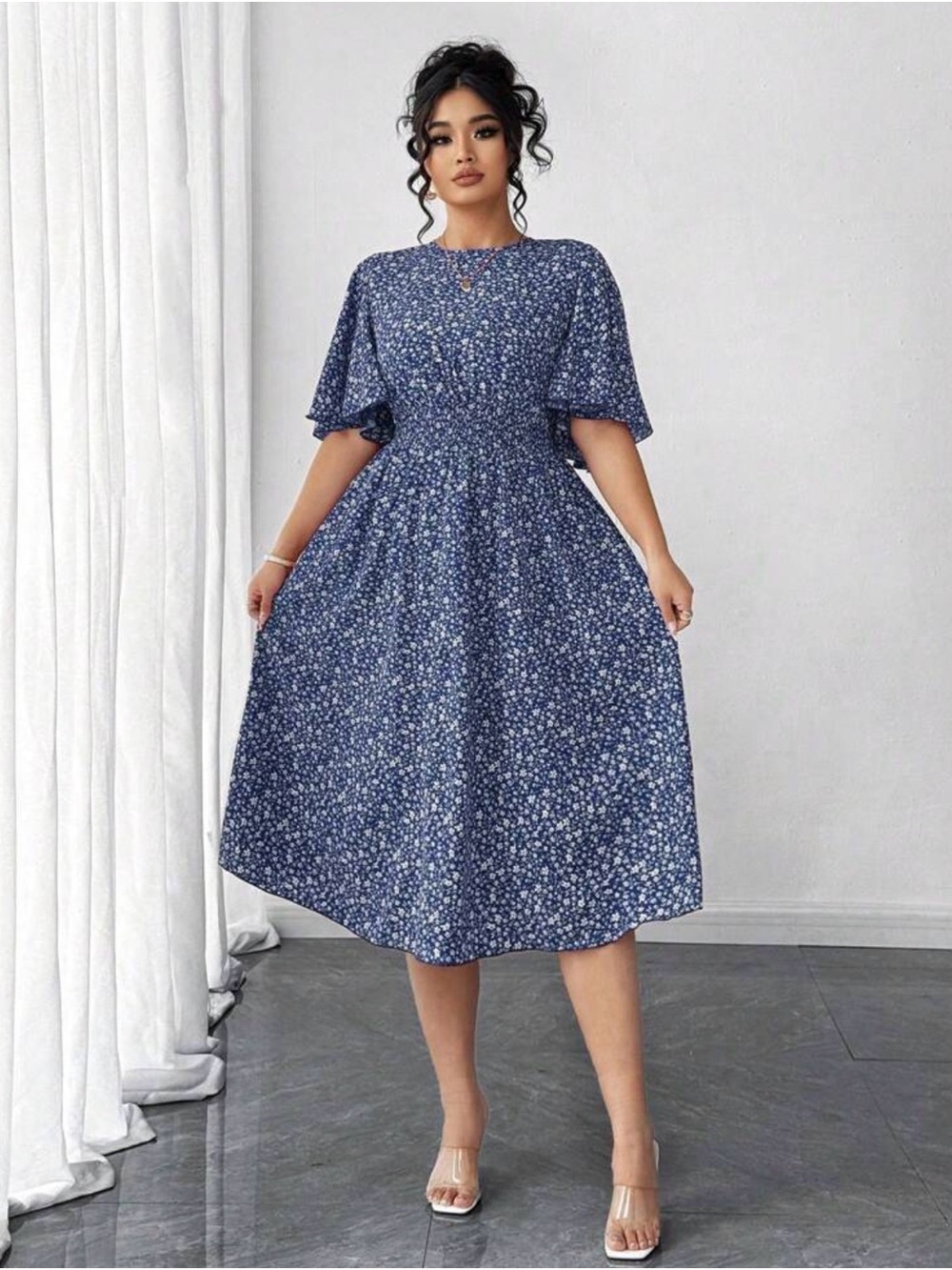 Blue Floral Midi Dress with Flutter Sleeves